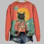 Black Cat Astronaut Color Block Art Print Casual T-Shirt