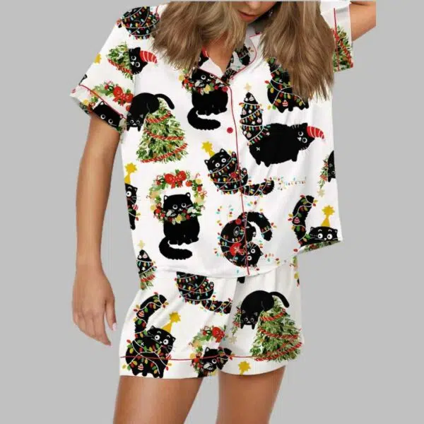 Christmas Black Cat Satin Pajama Set 1