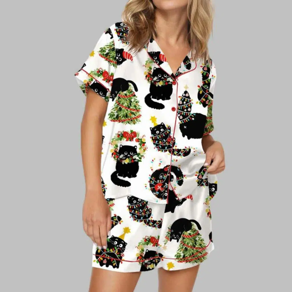 Christmas Black Cat Satin Pajama Set 4