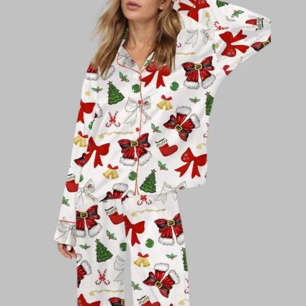 Christmas Santa Bow Satin Pajama Set 1