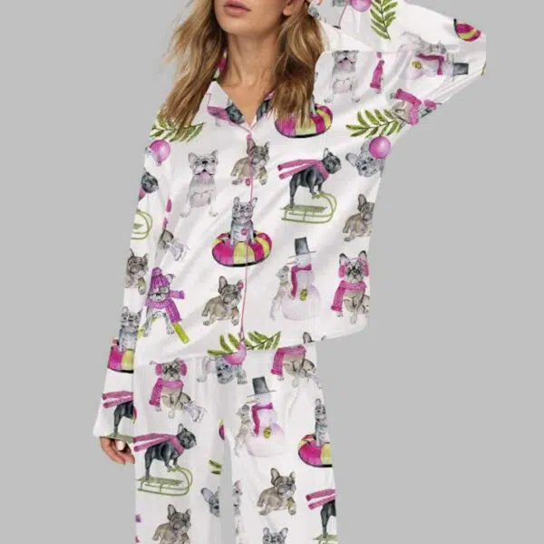 Christmas Skiing French Bulldog Satin Pajama Set 1