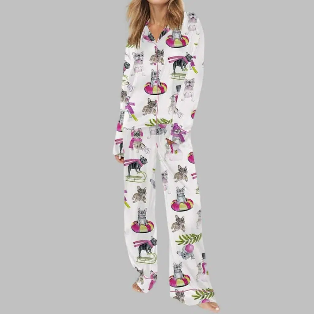 Christmas Skiing French Bulldog Satin Pajama Set 3