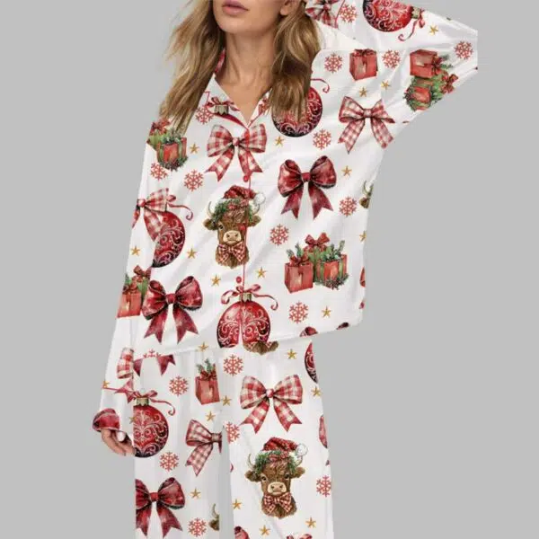 Coquette Christmas Highland Cow Satin Pajama Set 1