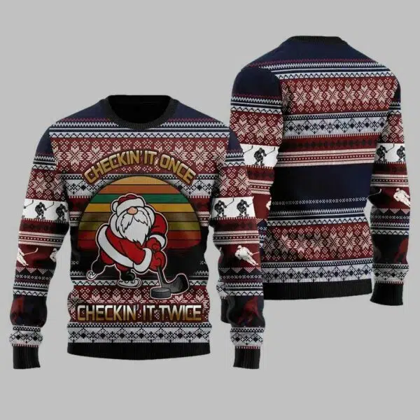 Hockey Checking It Once Checking It Twice Ugly Christmas Sweater 2