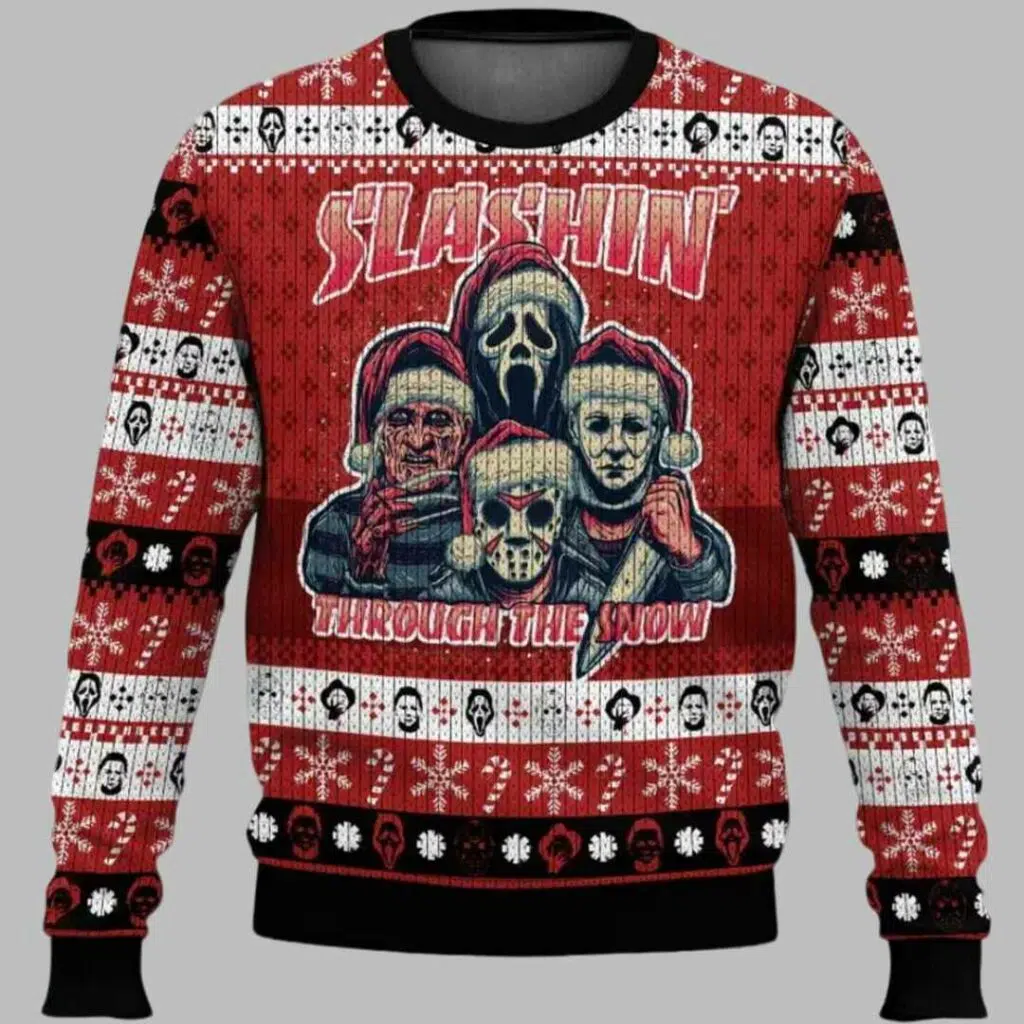 Horror Guys Slashin Through The Snow Christmas Ugly Christmas Sweater 1