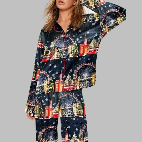 London City Skyline Santa Christmas Pajama Set 2