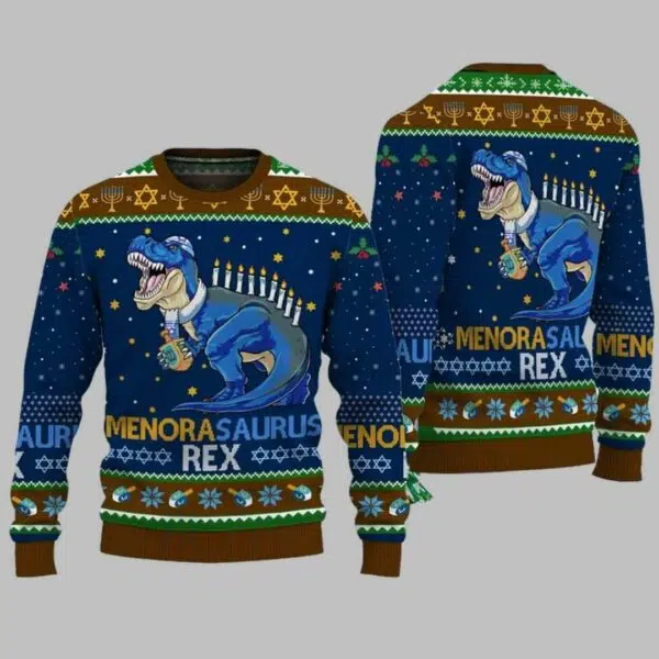 Menora Saurus Rex Ugly Christmas Sweater 2