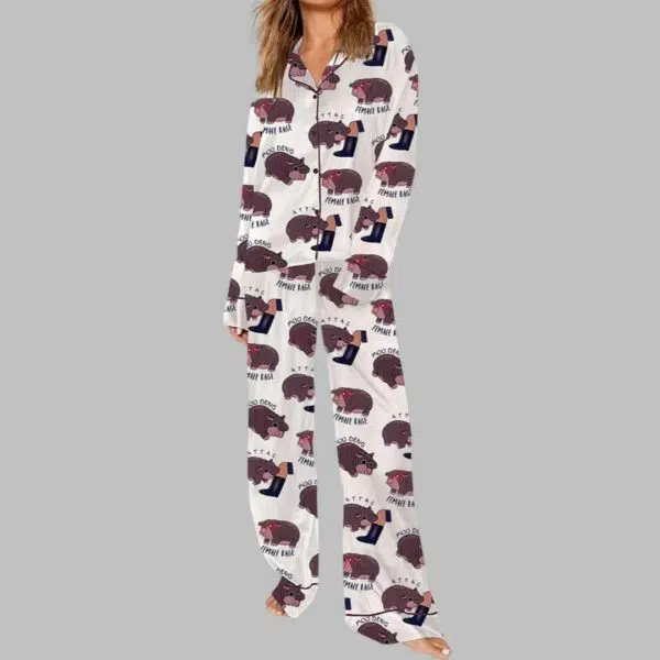 Moo Deng Baby Hippo Satin Long Sleeve Pajama Set 3