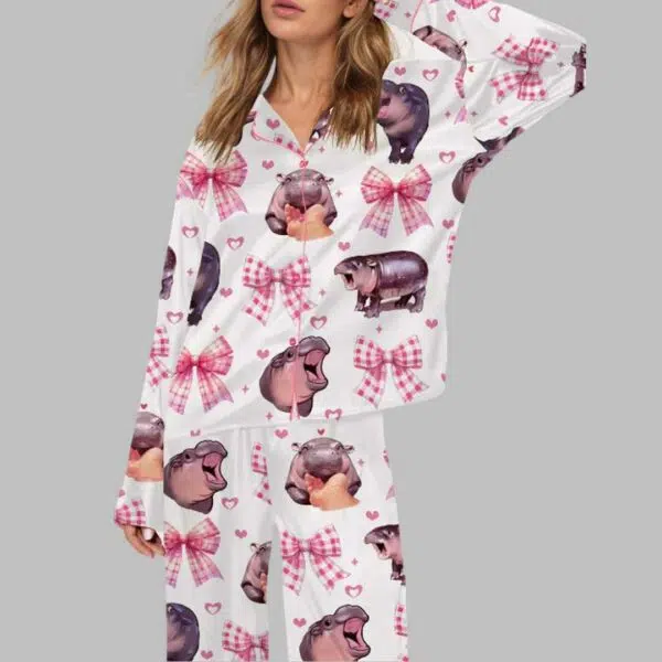 Pink Coquette Moo Deng Satin Pajama Set 2