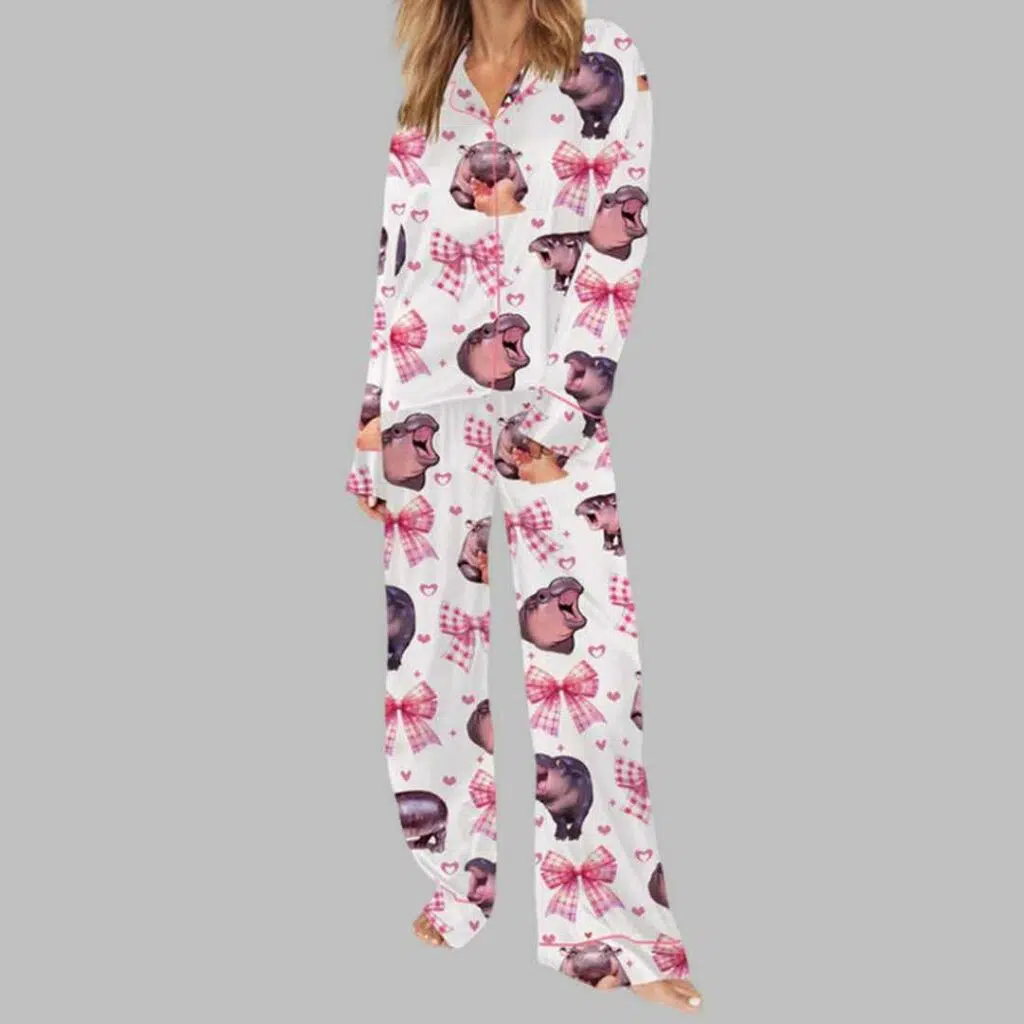 Pink Coquette Moo Deng Satin Pajama Set 3