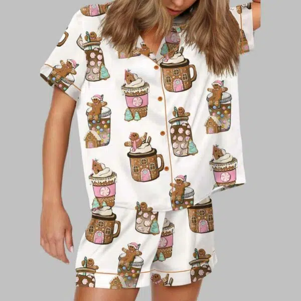 Pink Gingerbread Coffee Satin Pajama Set 2