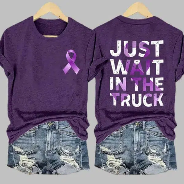 Retro Domestic Violence Awareness Just Wait in The Truck Purple Ribbon Print Shirt 2