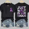 Retro Domestic Violence Awareness Just Wait in The Truck Purple Ribbon Print Shirt 3