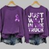 Retro Domestic Violence Awareness Just Wait in The Truck Purple Ribbon Print Shirt 4
