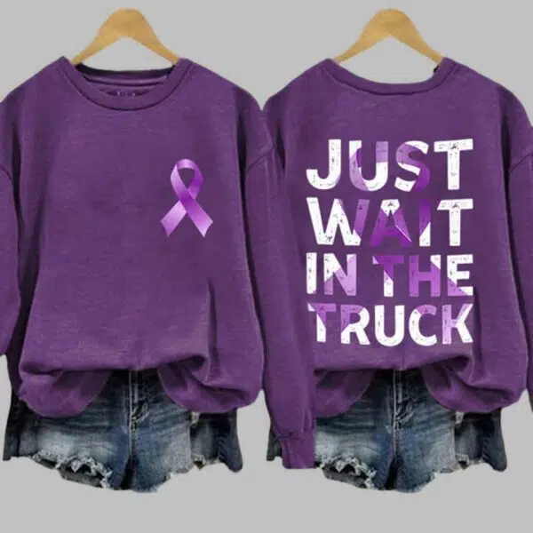 Retro Domestic Violence Awareness Just Wait in The Truck Purple Ribbon Print Shirt 4