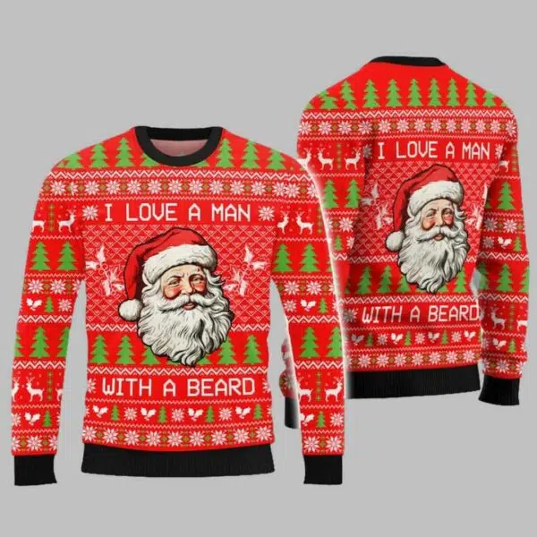 Santa Claus Christmas I Love A Man With A Beard Ugly Christmas Sweater 2