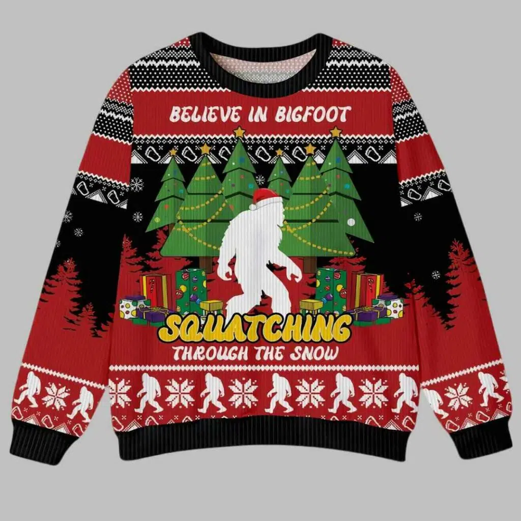 Bigfoot Squatching Through The Snow Ugly Christmas Sweater 1