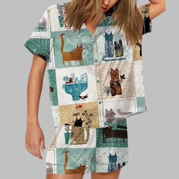 Cat Abstract Splicing Art Print Pajama Set 1