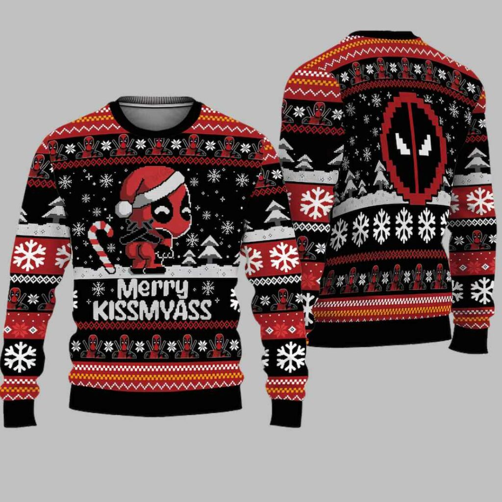 Chibi Deadpool Merry Kissmyass Ugly Christmas Sweater 3 Chibi Deadpool Merry Kissmyass Ugly Christmas Sweater 3