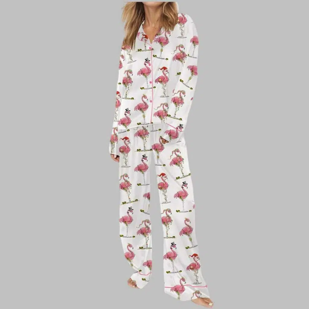 Christmas Flamingo Martini Satin Pajama Set 4