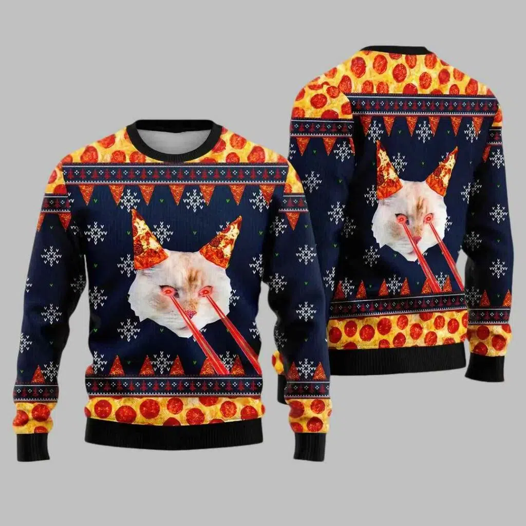 Christmas Pizza Cat With Laser Eyes Ugly Christmas Sweater 3