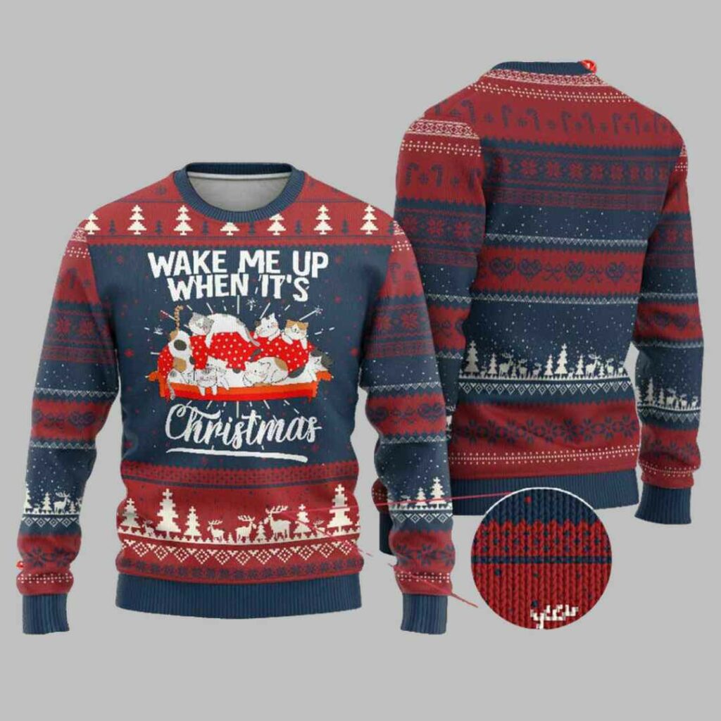 Cute Cat Wake Me Up When It's Christmas Ugly Christmas Sweater 3