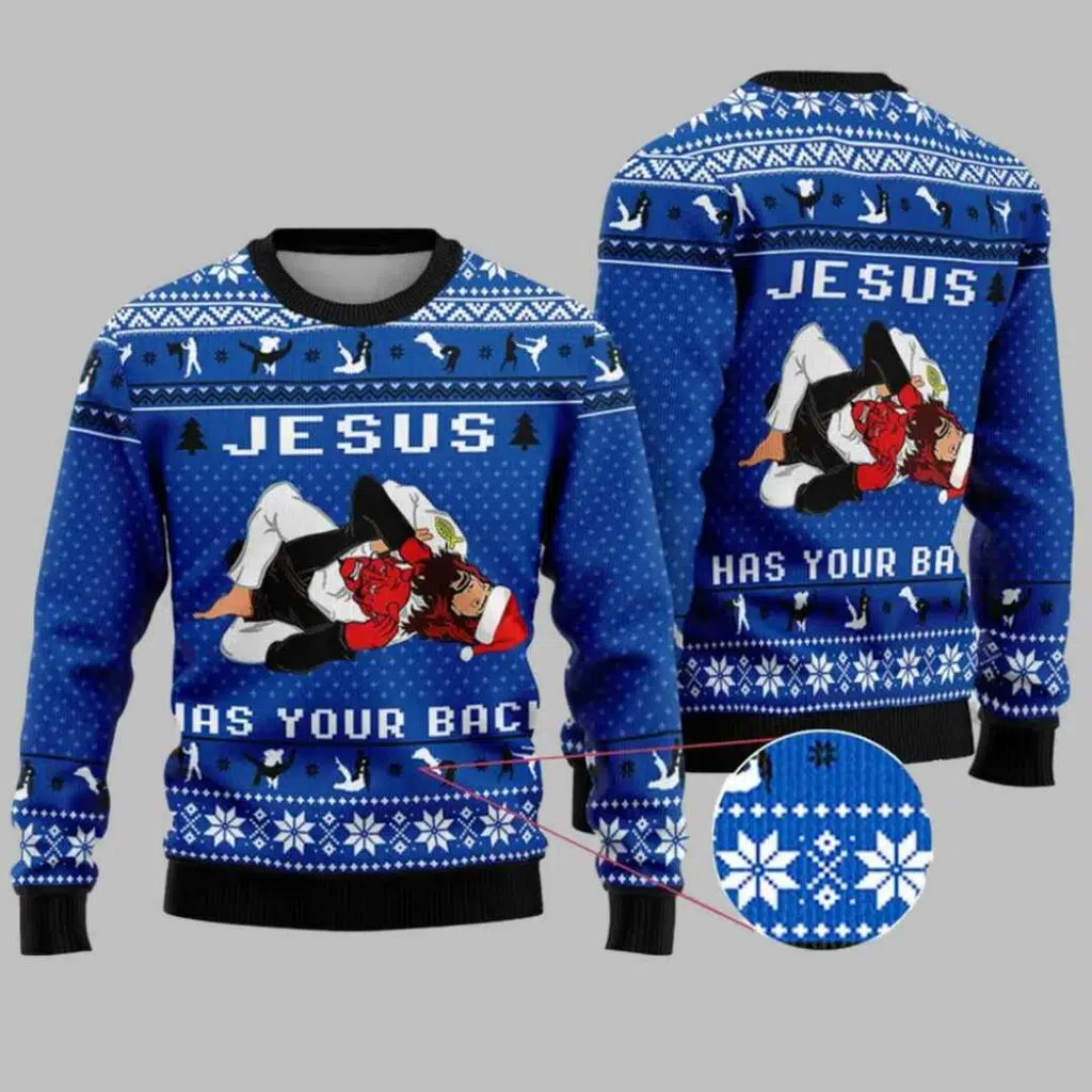 Jesus Has Your Back Jiu Jitsu Ugly Christmas Sweater 3