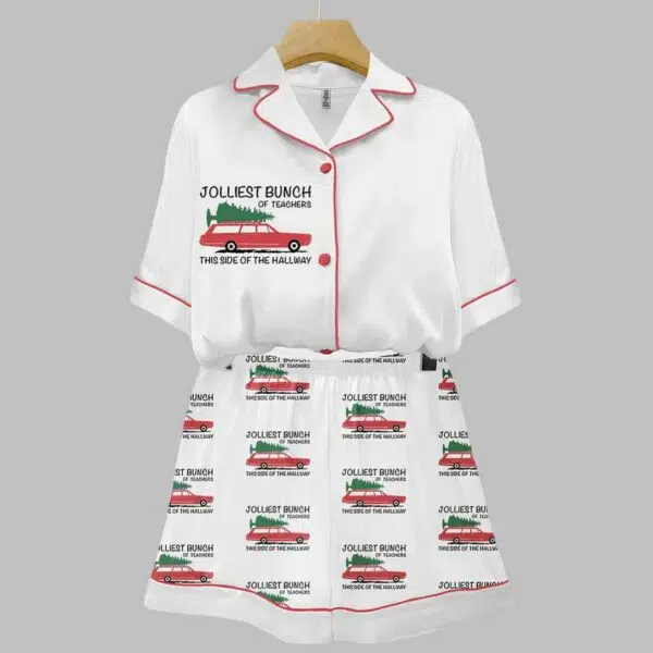 Jolliest Bunch Of Teachers Christmas Truck Art Print Pajama Set 3