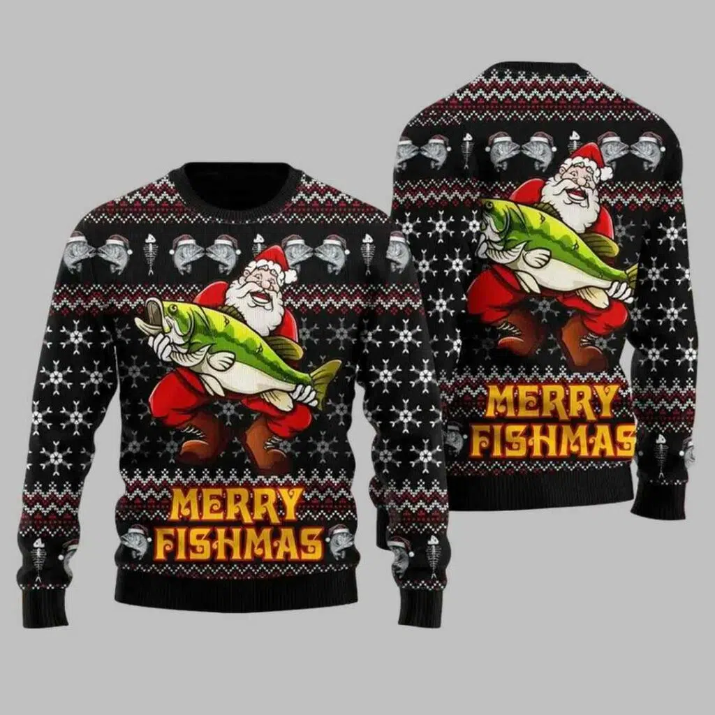 Merry Fishmas Santa Hug Fishing Ugly Christmas Sweater 3