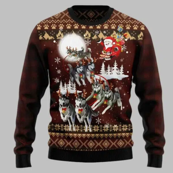 Siberian Husky And Reindeers Car Ugly Christmas Sweater 2