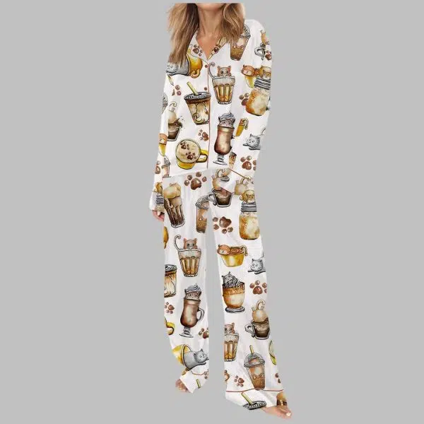 Coffee And Cats Satin Pajama Set 3