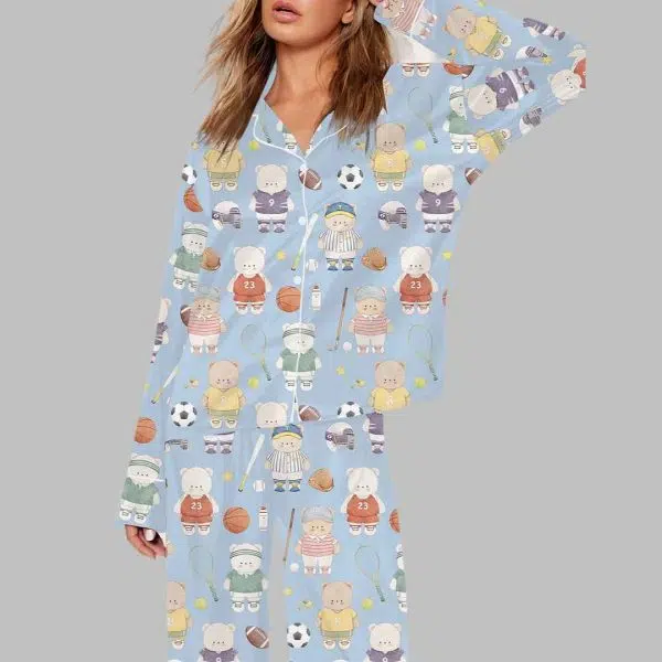 Cute Bear Sports Football Art Print Pajama Set 1