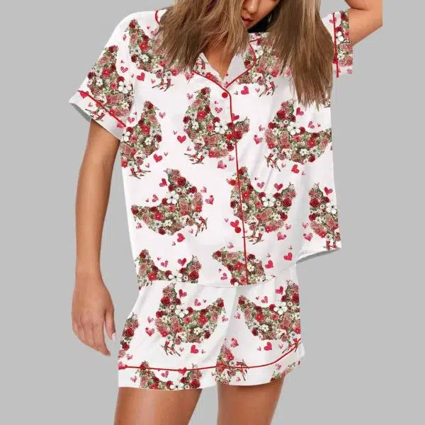 Floral Chicken Valentine Print Pajama Set 2