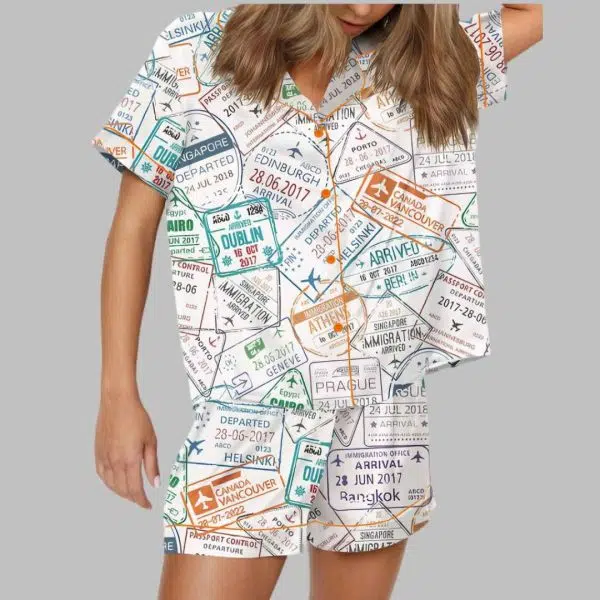 Passport Travel Stamps Satin Pajama Set 2