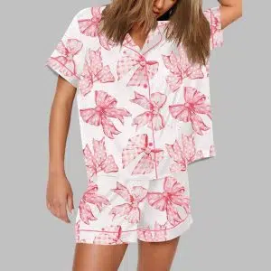 Pink Valentines Day Bows Print Pajama Set 2